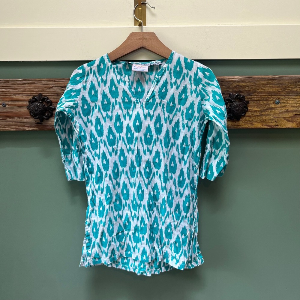 Gretchen‎ Scott Kids Teal White Ikat Print Cotton Tunic Top Size 6/8 Split Neck